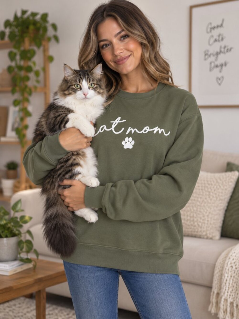 NEW Green CAT MOM Pet Lovers Gift Oversized Long Cut Cotton Blend Sweatshirt